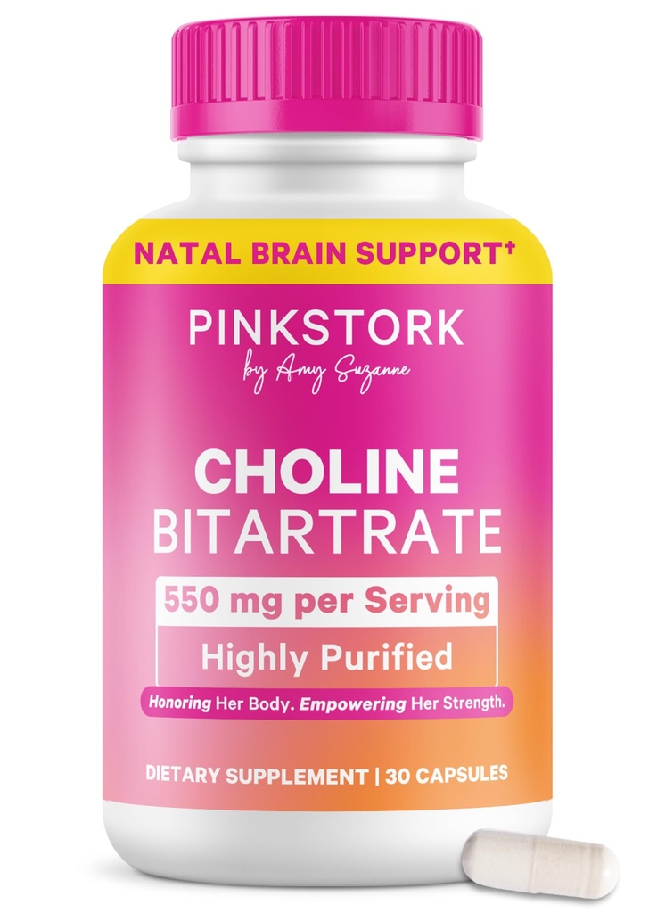 Pink Stork Choline - 550 mg Choline Bitartrate von VitaCholine für schwangere und postpartum Mütter - Pränatales Vitamin für kognitive Gesundheit und Brustmilchqualität - 1 Kapsel täglich, 30 Zähler