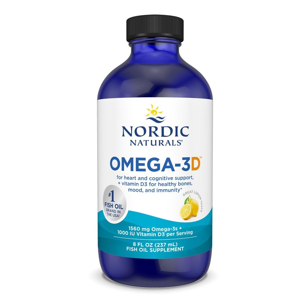 Nordic Naturals Omega-3D, Lemon Flavor - 8 oz - 1560 mg Omega-3 + 1000 UI Vitamine D3 - Huile de poisson - EPA et DHA - Soutien immunitaire, santé cérébrale et cardiaque, os sains - non-OGM - 48 portions