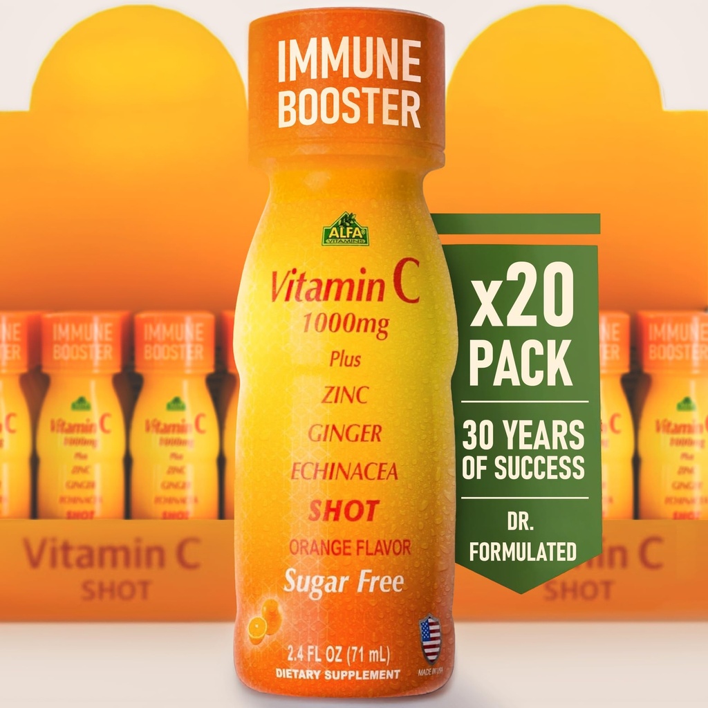 Vitamin C Shot 1000MG - Immunität Booster mit Zink, Ginger, & Echinacea - Schützen Sie Ihre Immunität - Kämpfen Sie die gemeinsame Kälte - Orange Flavor - 2.4 FL Oz Bottle - 20 Pack
