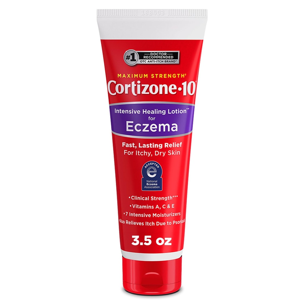 Cortizone-10 Force maximale de guérison intensive Lotion de soulagement de démangeaisons pour l'eczéma, 1% Hydrocortisone, Fast-Acting, Crème anti-démangeaison pour les irritations mineures de la peau, Rashes et Inflammation due à l'eczéma, 3,5 oz