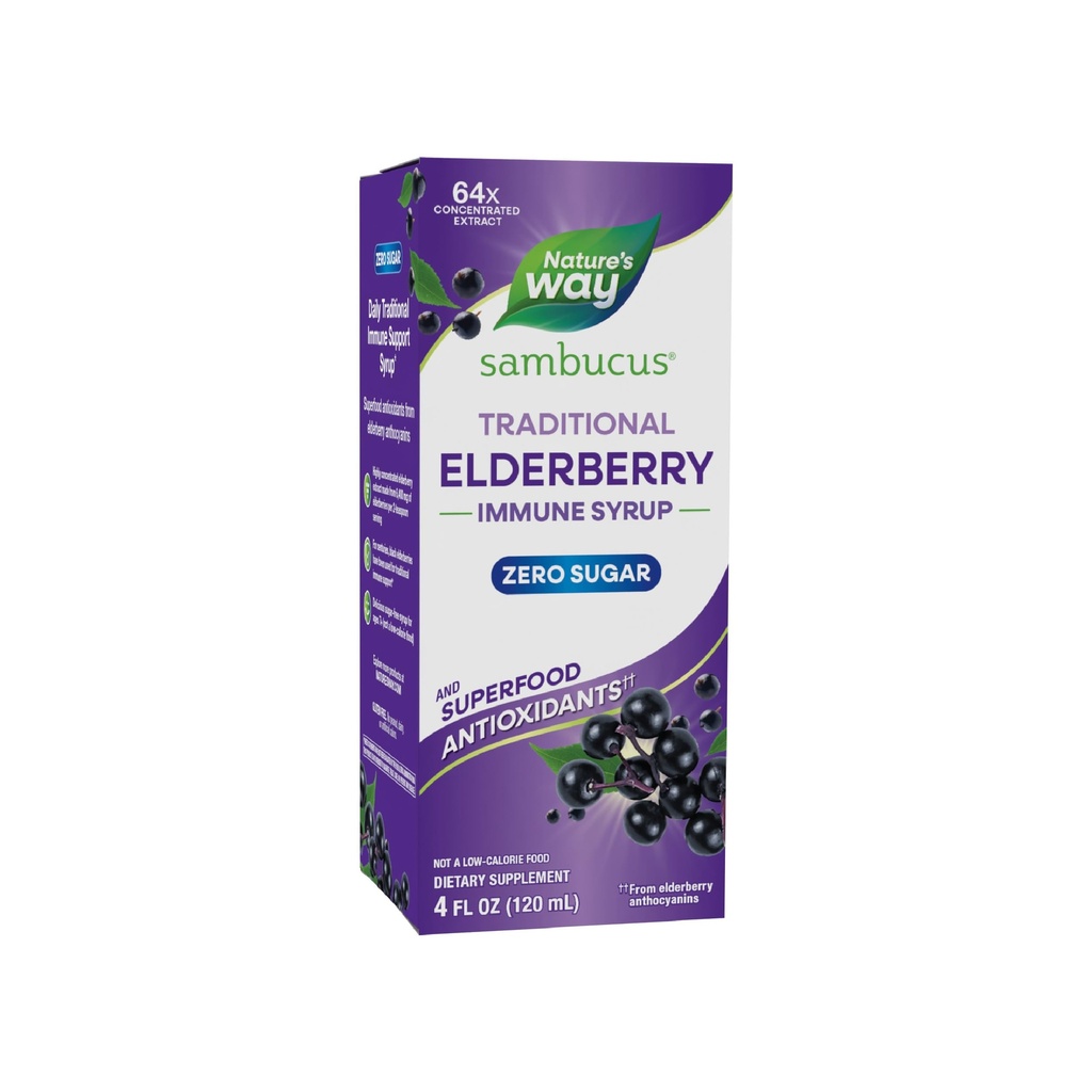 Nature’s Way Sambucus Zero Sugar Traditionelle Immunsirup, hochkonzentrierter schwarzer Elderberry-Extrakt, traditionelle Immununterstützung*, mit Superfood Antioxidantien(1), 4 Fl Oz (Packaging May Vary)