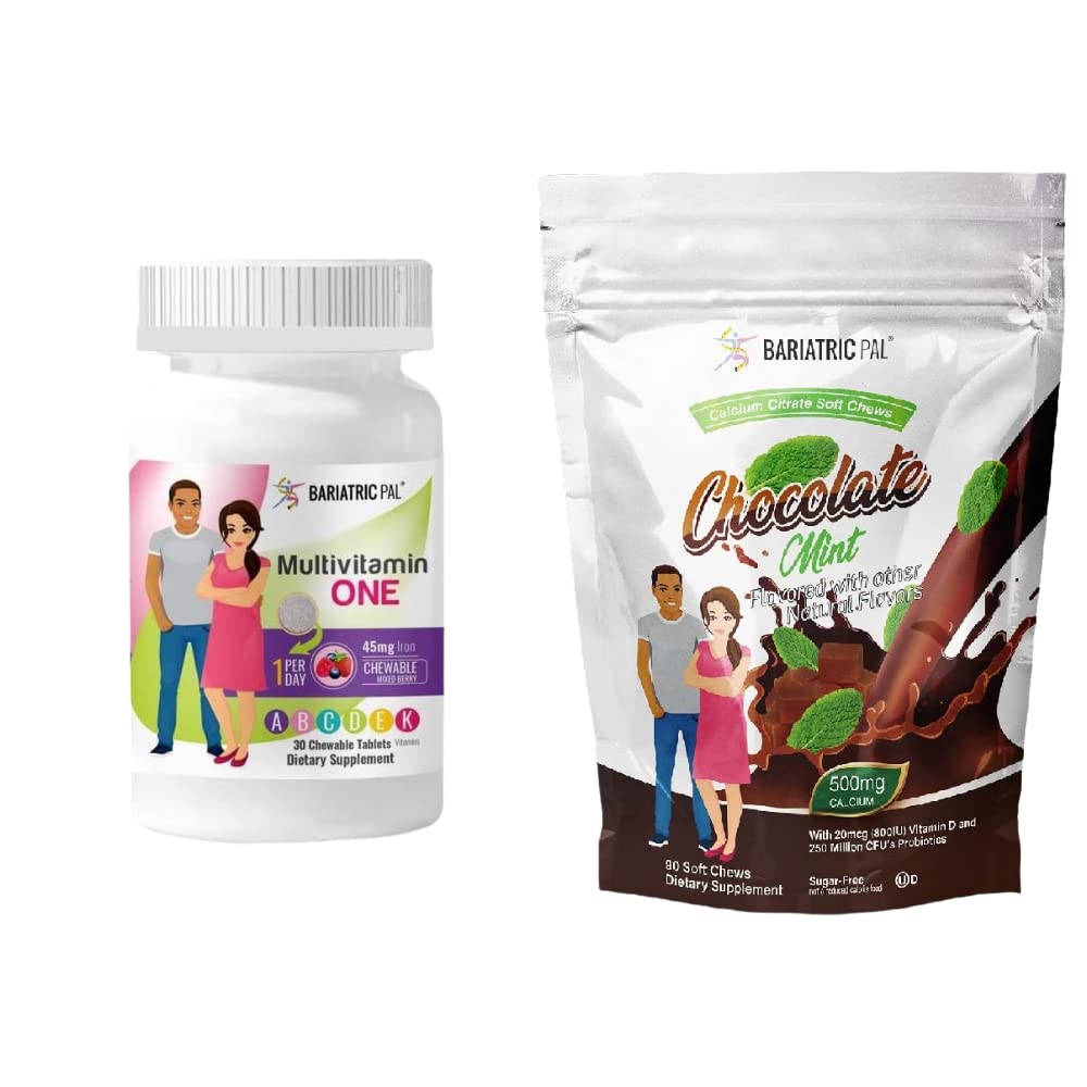 BariatricPal 30-Day Bariatric Vitamin Bundle (Multivitamin ONE 1 pro Tag! Kaubar mit 45mg Eisen - Mischbeere und Calcium Citrate Weichkäse 500mg mit Probiotika - Schokoladenminze)