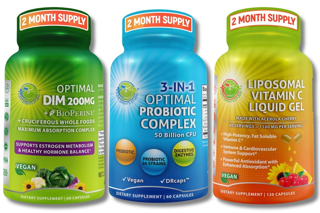 Hormon-, Verdauungs- und Immununterstützung Bundle - DIM 200mg mit BioPerine® & Cruciferous Whole Foods + Vegan 3-in-1 Probiotic 50 Billion CFU + Liposomal Vitamin C 1100mg mit Acerola Cherry - Keine Füllstoffe