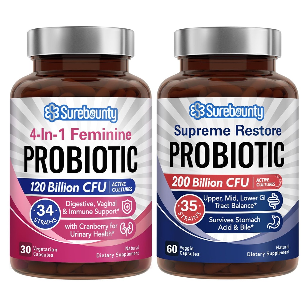 Groupe probiotique, 4-en-1 Feminine Probiotique (30ct) et Supreme Restore Probiotique (60ct), 2 paquets, soutien vaginal canneberge, GI Tract Balance, végétalien, non laitiers