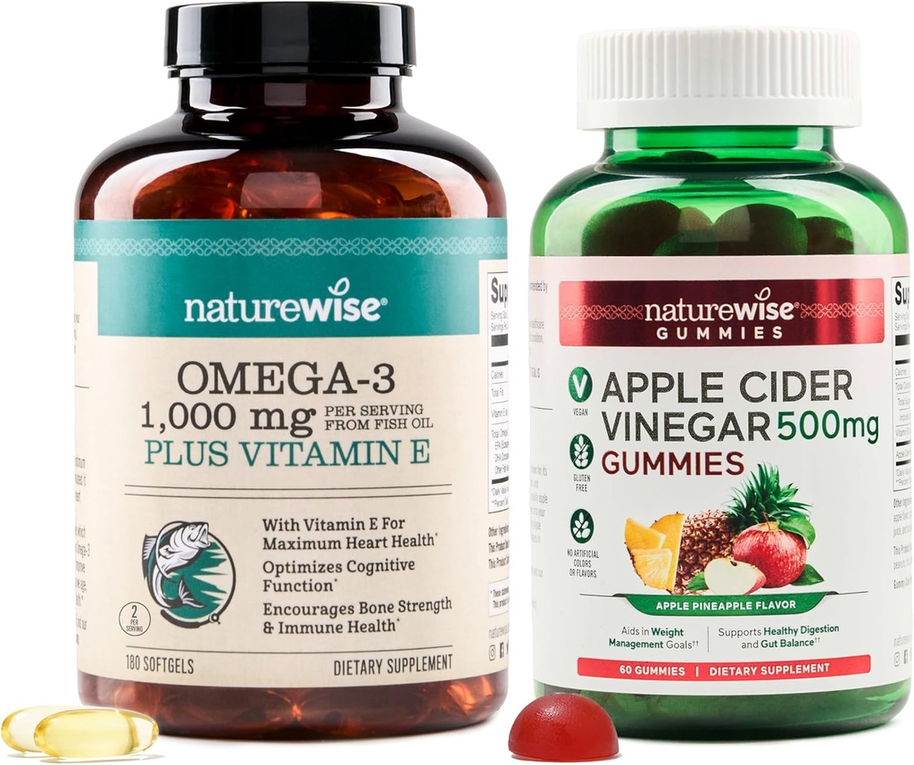 NatureWise Omega-3 Fischöl 1000mg mit E 180-Count+ Apfel Apfel-Essiggummis 500mg mit B12, 60-Count (Vegan Gummy) - Bundle für Herz, Auge, Verdauungsgesundheit - Glutenfrei, Sojafrei, Non-GMO