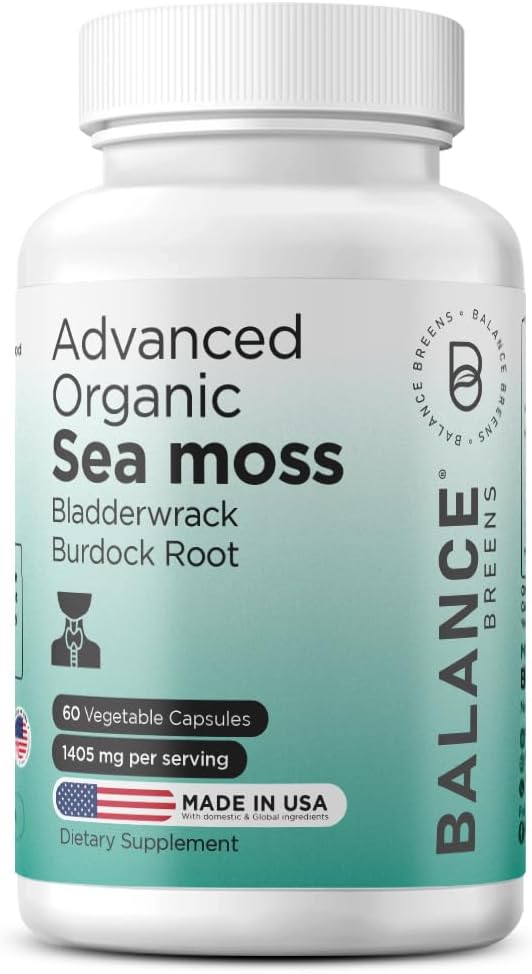 Organic Irish Sea Moss, Bladderwrack & Burdock Root Supplement 1405mg, 60 Veg Capsules - Immune Booster, Gut Health, Skin Detox & Joint Support (60 Count))