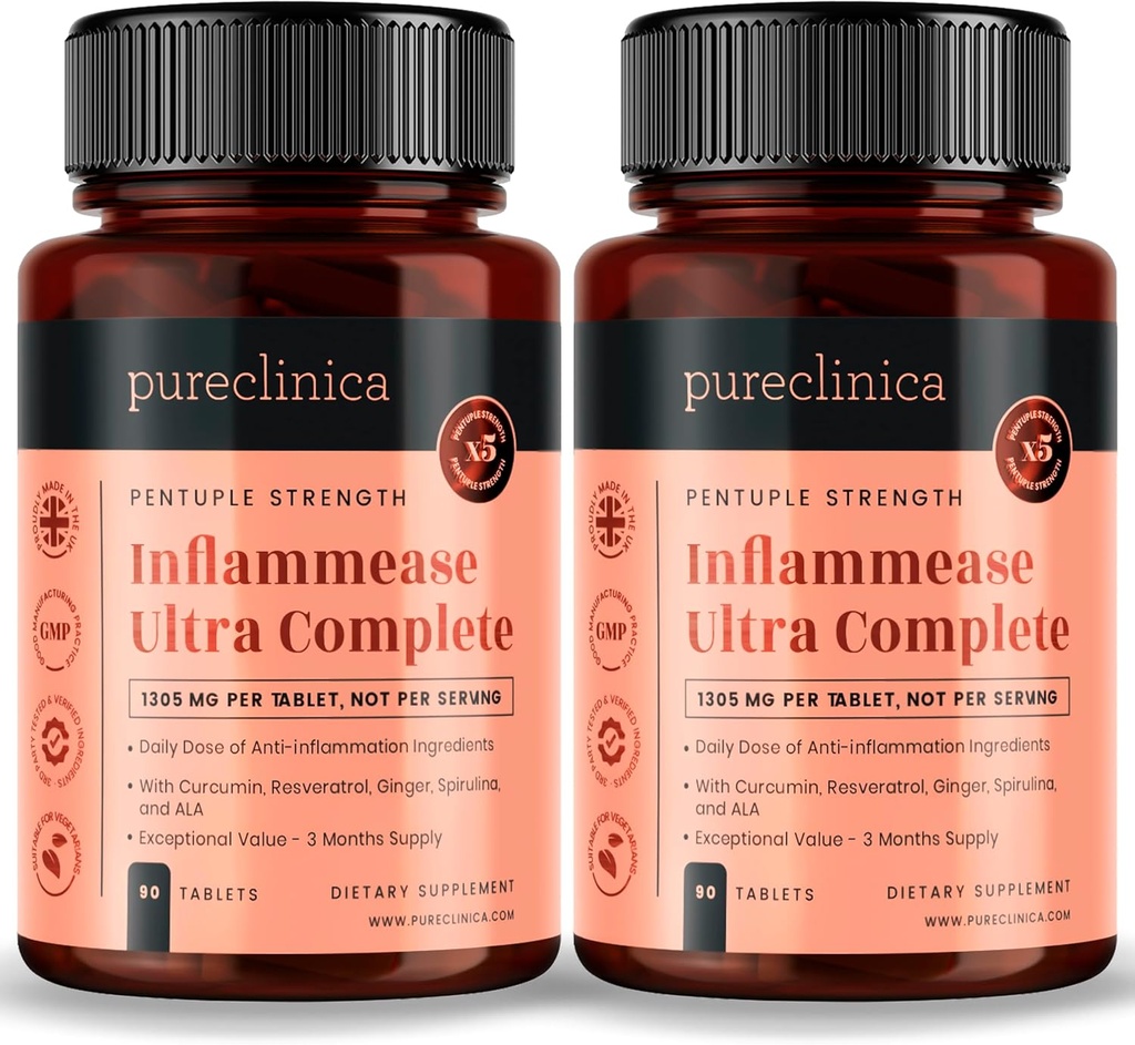 pureclinica Entzündung Ultra Complete (Resveratrol, Ginger, ALA, Spirulina, Curcumin- 5 Beilagen in einem) 1305mg x 180 Tabletten - 2 Flaschen von 90 Tabletten - 6 Monate Versorgung!