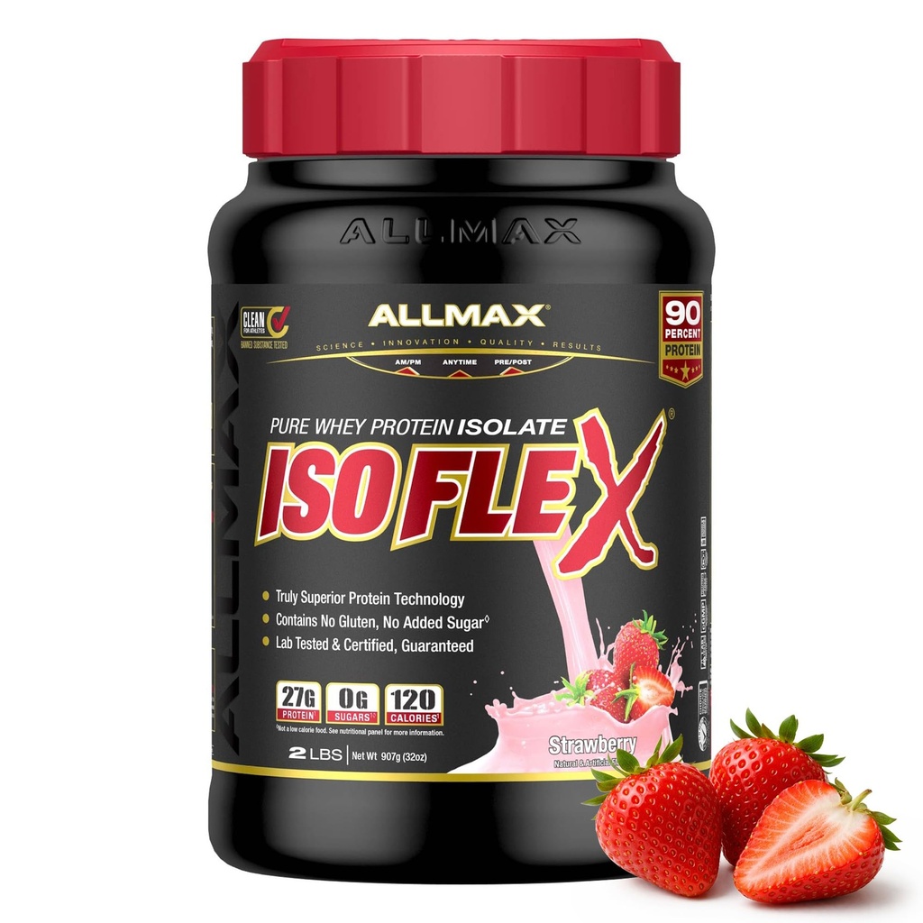 ALLMAX Ernährung ISOFLEX Whey Protein Isolate, Erdbeere - 2 lb - 27 Gramm Protein Per Scoop - Zero Fat & Sugar - 99% Lactose Free - Glutenfrei & Soy - Ungefähr 30 Portionen