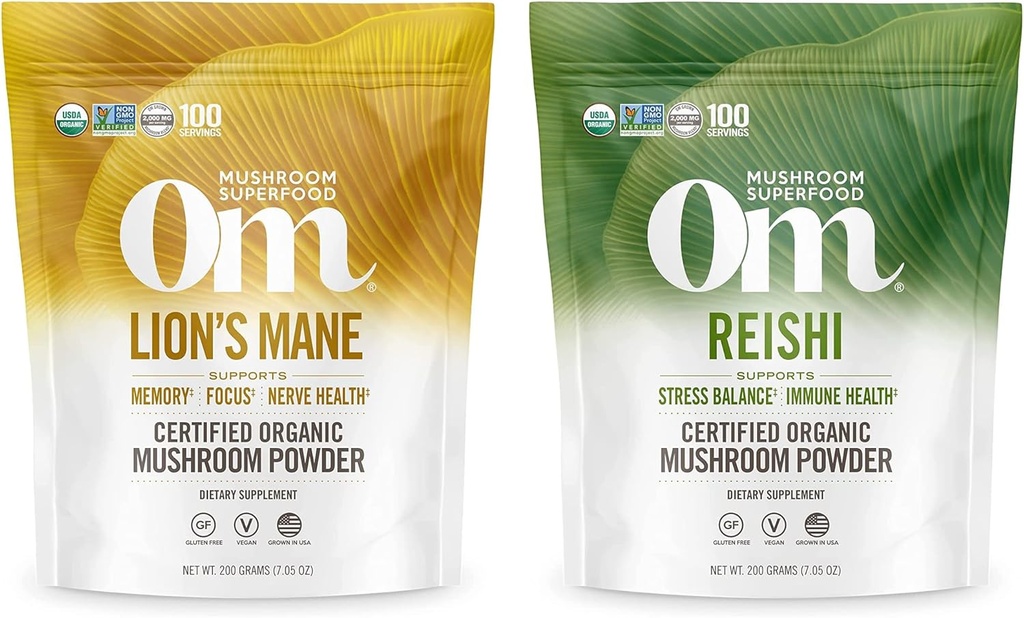 OM MUSHROOM SUPERFOOD 7.05oz Bundle, Lion's Mane & Reishi Poudre de champignons biologiques, 200 portions