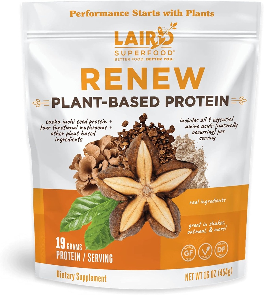 Laird Superfood Renew Plant-Based Protein Powder, 19 Gramm Protein, Vegan mit Sasha Inchi Seed Protein, Four Functional Mushrooms, Konservierungsmittelfrei, Glutenfrei, Dairy-Free, 16 Unzen. Tasche