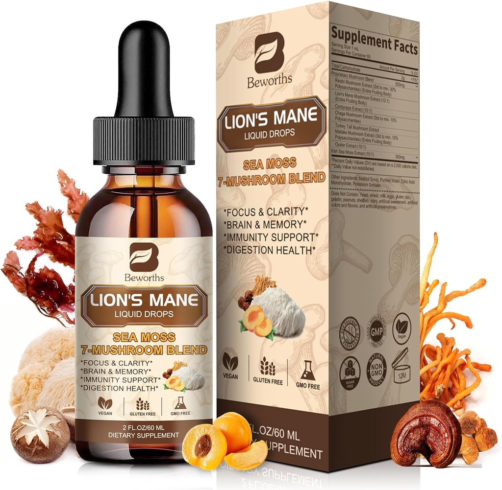 Lions Mane Mushroom Liquid Drops, 8 in 1 Pilz Complex Supplement mit Irish Sea Moss, Chaga, Türkei Tail, Cordyceps &amp; Mehr für Gehirn, Fokus, kognitive & Immununterstützung, Vegan, Peach Flavor, 60mL