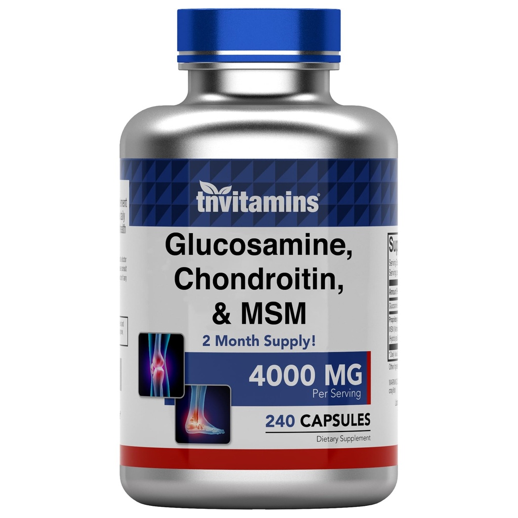 tnvitamine Glucosamine, Chondroitin, & MSM (4000 MG - 240 Kapseln) für Männer & Frauen | Joint Support Supplement Complex* | Mehr als dreifache Stärke! | Non-GMO | Produziert in den USA