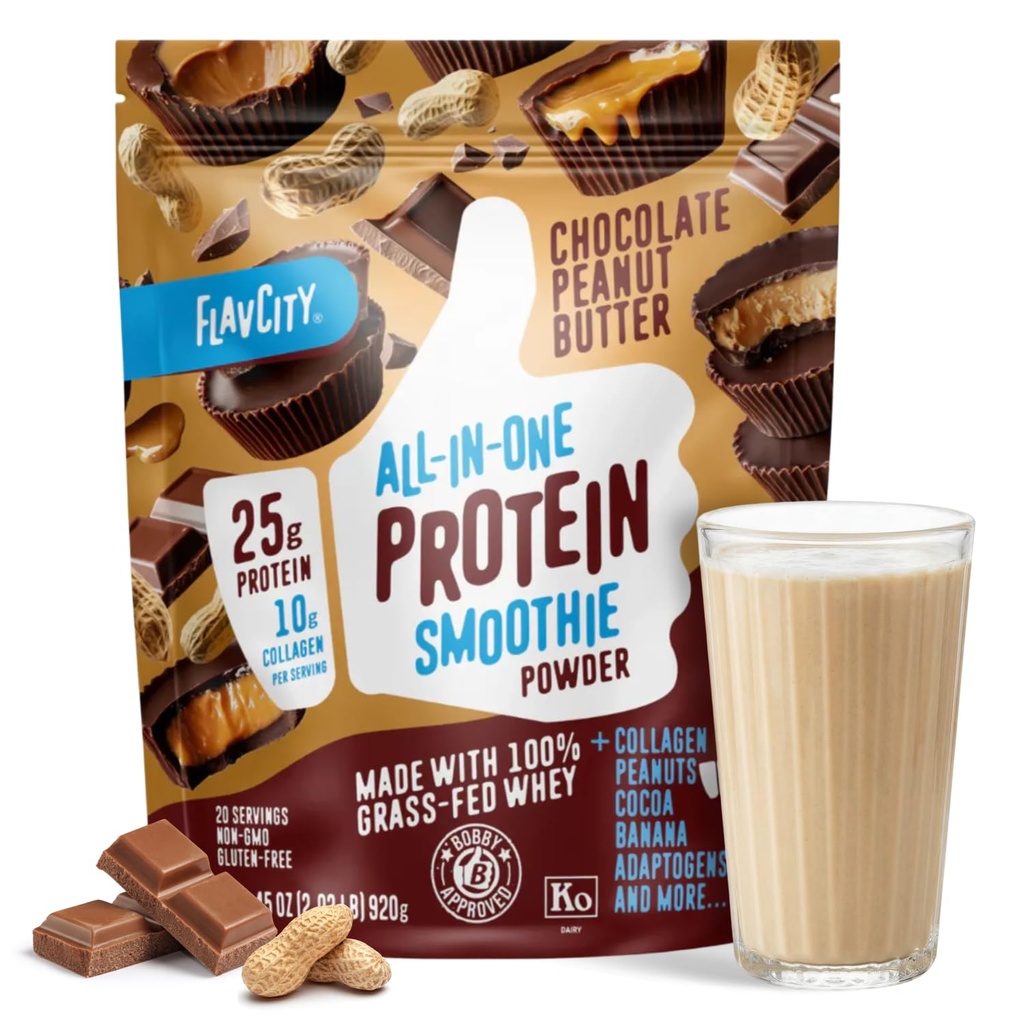 Poudre de protéines de flavCity Grass Fed Whey Chocolate - Beurre d'arachide au chocolat - 25g Protéines et 10g Collagène - Fabriqué avec du cacao biologique et du lait de coco - Sans gluten et sans sucre ajouté (20 portions)