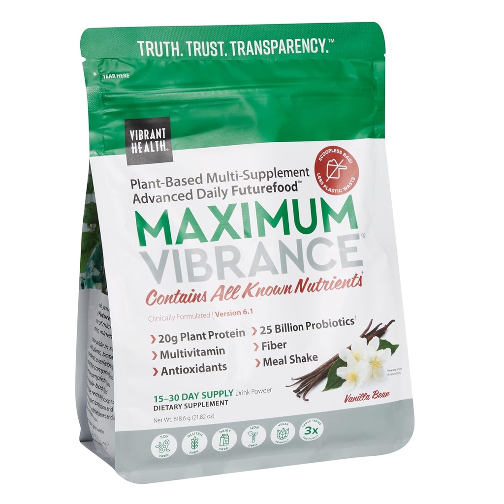 Vibrant Health, Maximum Vibrance, Plant-Based Superfood Supplement mit einem Multivitamin, Protein und 25 Billion CFU Probiotics, Vanilla, 15 Serviertasche