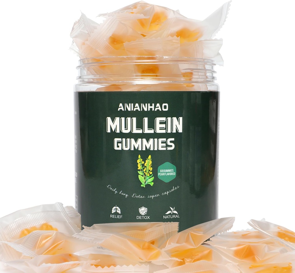 Gummies de Mullein - Extrait de feuille de Mullein pour poumons - 2000mg Mullein - Supplément de nettoyage de poumon - Alternative aux gouttes de Mullein, Capsules - Détachant du mucus et soulagement du mucus (1bouteille)