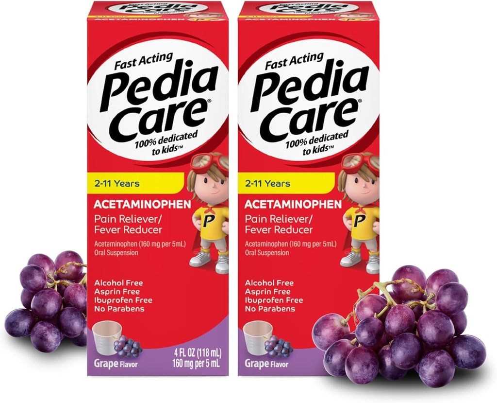 Réducteur de la fièvre des enfants à action rapide avec suspension orale d'acétaminophène, 2-11 ans, zéro alcool ou aspirine ou Ibuprofène, arômes de raisin, 4 fl oz (2 pack)