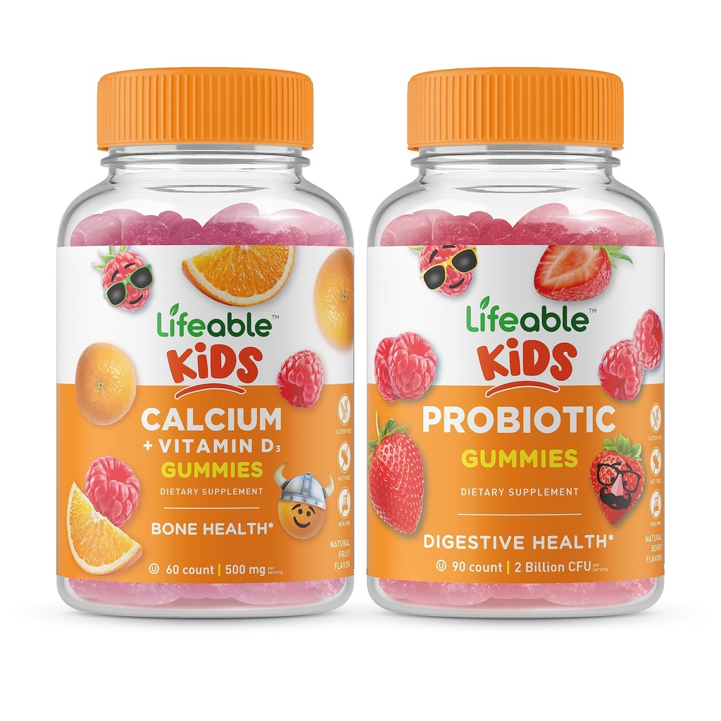 Lebensfähiges Kalzium mit Vitamin D Kids + Probiotic 2 Billion CFU Kids, Gummis Bundle - Große Verkostung, Vitamin-Ergänzung, Glutenfrei, GMO frei, Kaugummi
