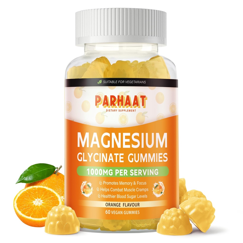 Magnesium Glycinate Gummies 1000mg - Zuckerfreie Magnesium-Kalium-Ergänzung mit Vitamin D, B6, CoQ10 für ruhige Stimmung & Schlaf-Unterstützung - 60 Orange Gummies
