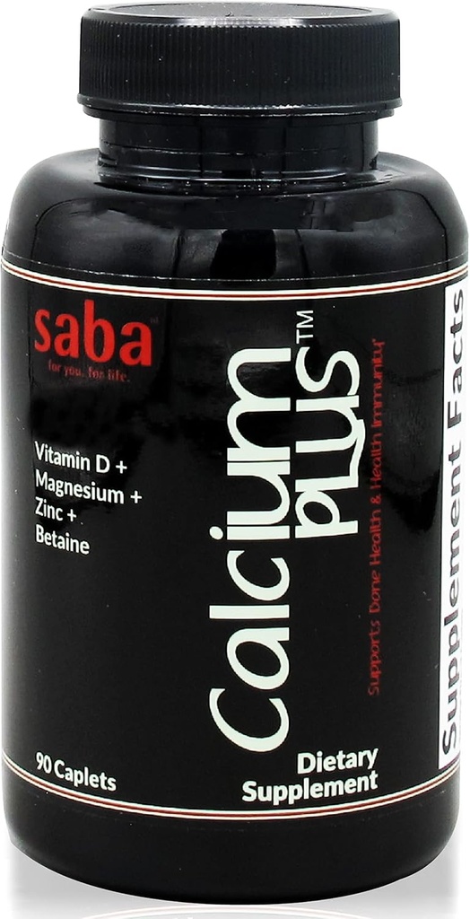 Saba Calcium Plus - Knochenstärke - Calcium, Magnesium, Kalium, Vitamin D, Zink, Betaine - GMO, Soja, Glutenfreie Zutaten - Ganze Nahrungsergänzung für Knochengesundheit, Immun - 90 Caplets