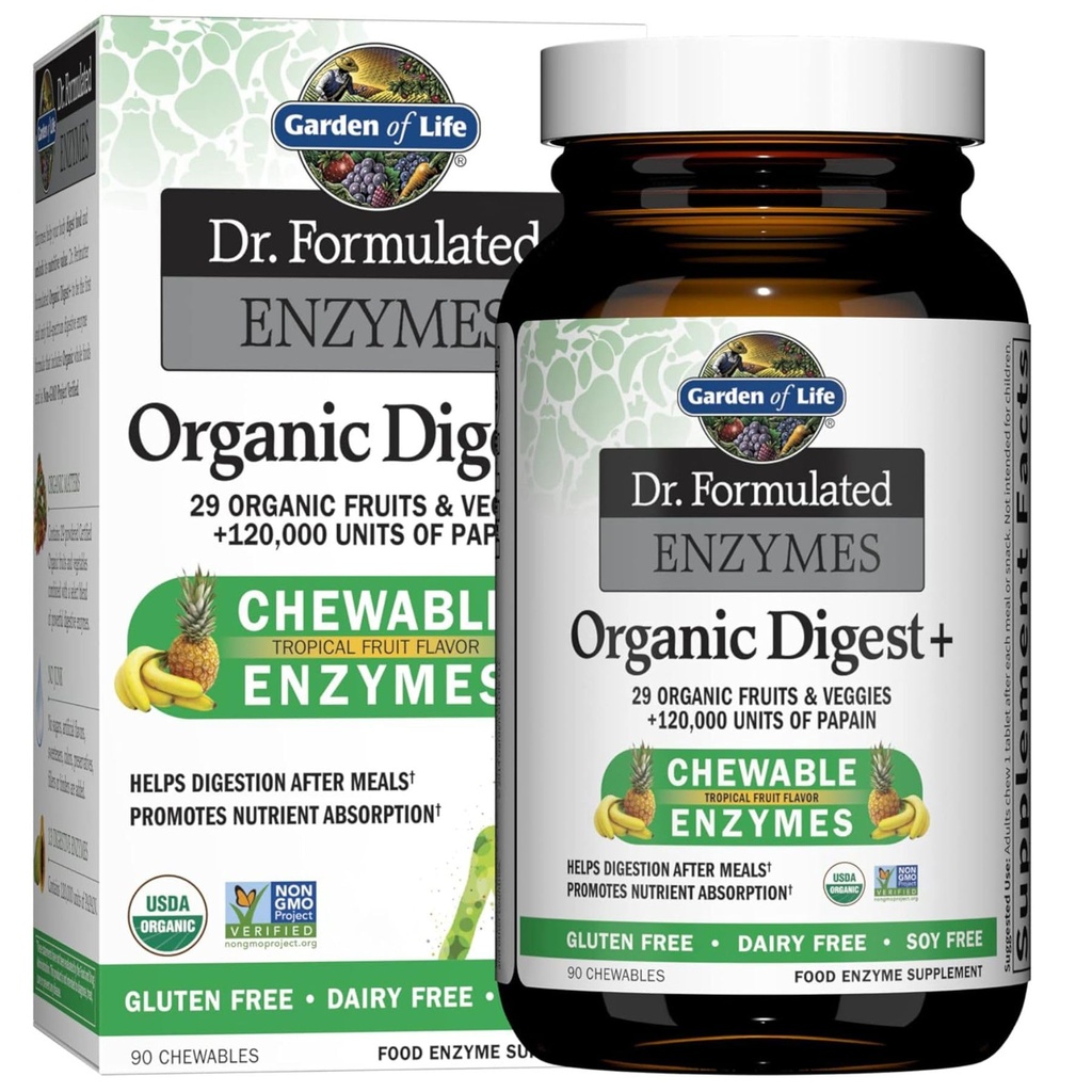 Garten des Lebens Verdauungsenzyme mit Papain, Bromelain und Lipase für Nährstoffabsorption und Verdauungsunterstützung, Tropical Fruit Flavor, Nahrungsergänzung, Certified Vegan, 90 Chewables