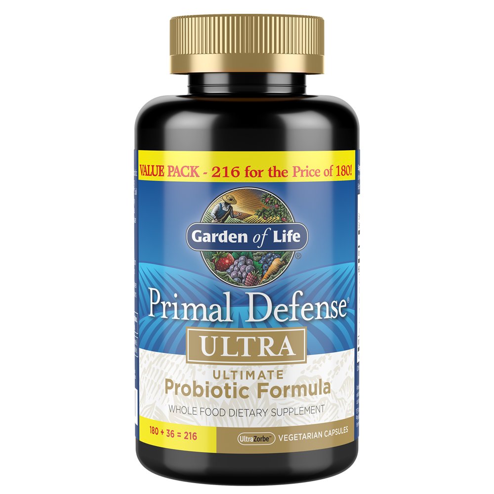 Jardin de la vie Probiotiques pour la santé digestive et l'équilibre de santé Gut, Primal Defense Ultra Ultimate Formule, 15 Milliards CFU et 13 Strains Plus HSO, Végétarien et sans gluten, 216 Capsules
