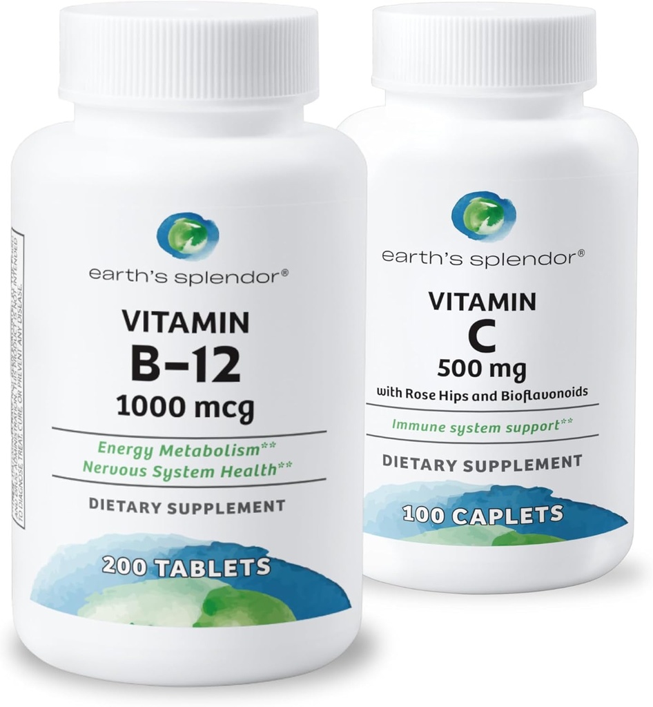 Splendor Energy & Immune Support – Vitamine B12 & Vitamine C avec HIPS Rose, sans gluten, sans colorant ni aromatisants artificiels, soutient le métabolisme énergétique et la santé antioxydante pour les hommes et les femmes