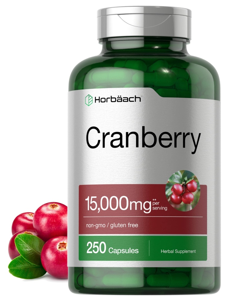 Horbäach Cranberry Pillen + Vitamin C | 15.000mg | 250 Kapseln | Non-GMO und glutenfreie Ergänzung von Konzentratextrakt