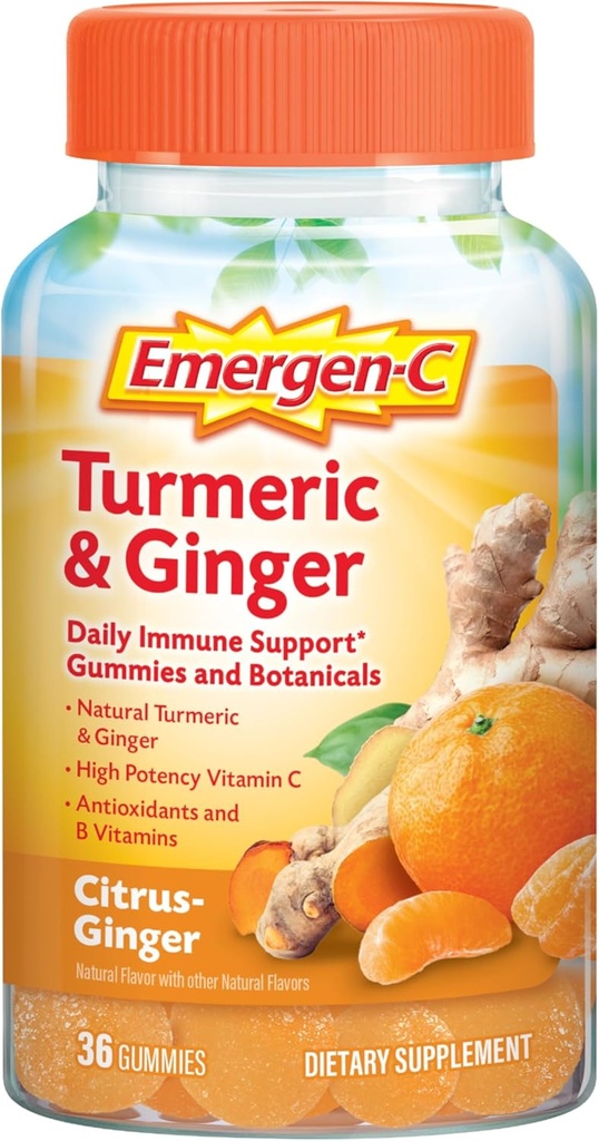 Emergen-C Citrus-Ginger Gummis, Kurkuma und Ingwer, Immununterstützung natürliche Aromen mit hohem Potenz Vitamin C, Zurück zu Schule Essentials - 36 Count