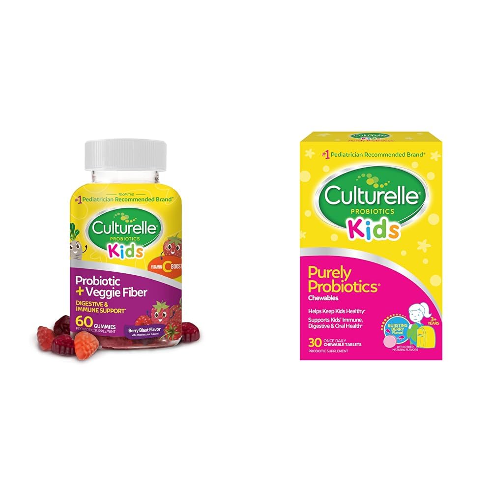 Probiotique quotidien Culturelle pour les enfants + Gommies de fibre de Veggie (Âges 3+) - 60 Count & Kids Probiotique quotidien à croquer pour les enfants, 3+ ans, 30 Count