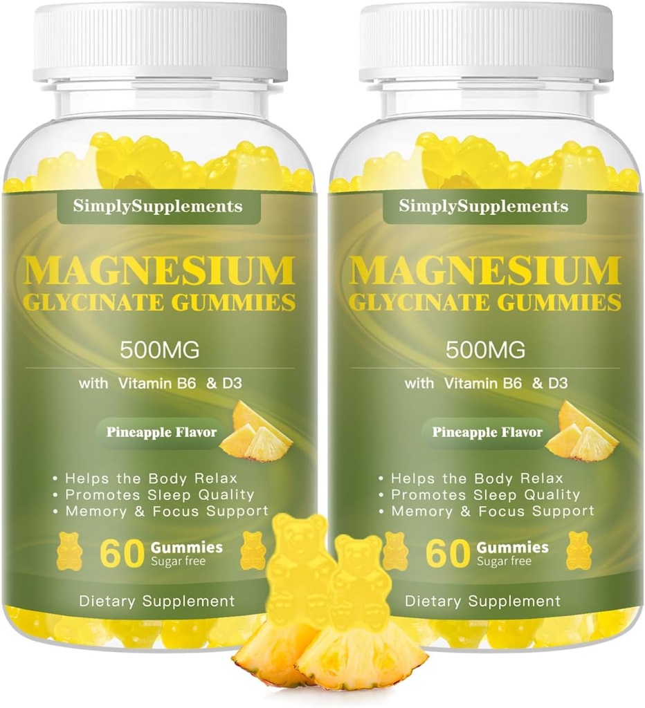 Glycinat de magnésium Gommies 500mg, supplément de magnésium à croquer avec vitamine D3, B6, CoQ10, pour la relaxation, le sommeil et le soutien de l'humeur, Gommy de magnésium calme - 60 Gommies d'ananas (2 pack)