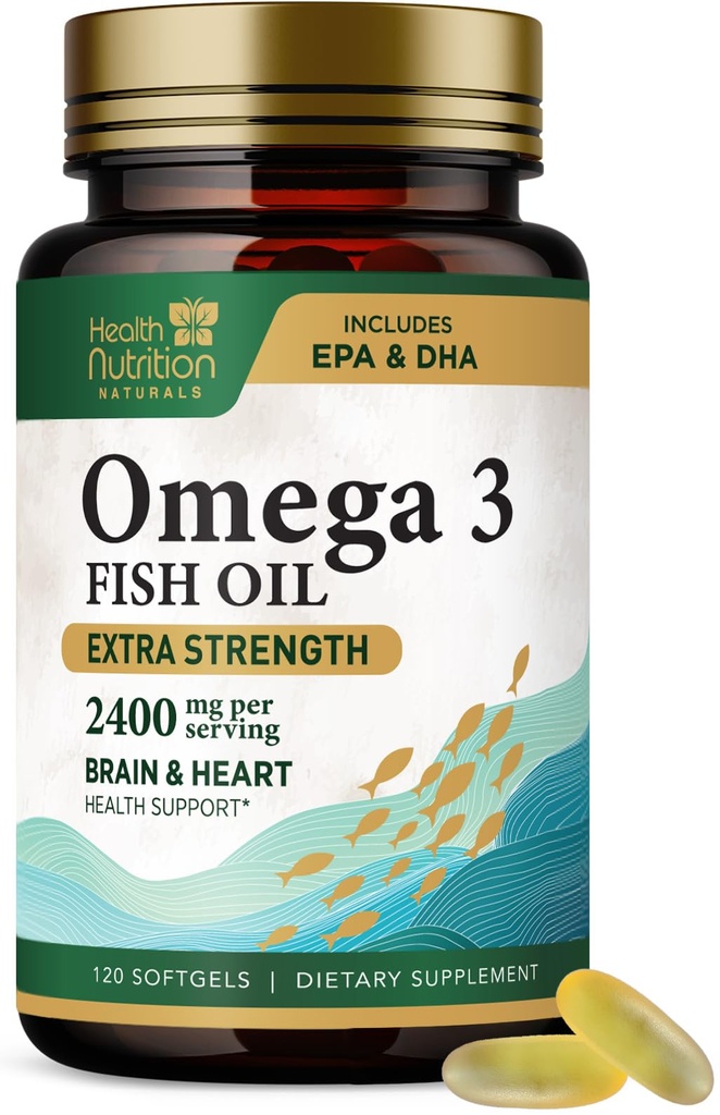 Omega 3 Fischöl 2400 mg - Dreifache Stärke Omega-3 Ergänzungen - Natürliche Gehirn Herz-Gesundheit und Immununterstützung - Fettsäuren mit EPA & DHA - Wild Caught gereinigte Fischöl-Ergänzung - 120 Softgels