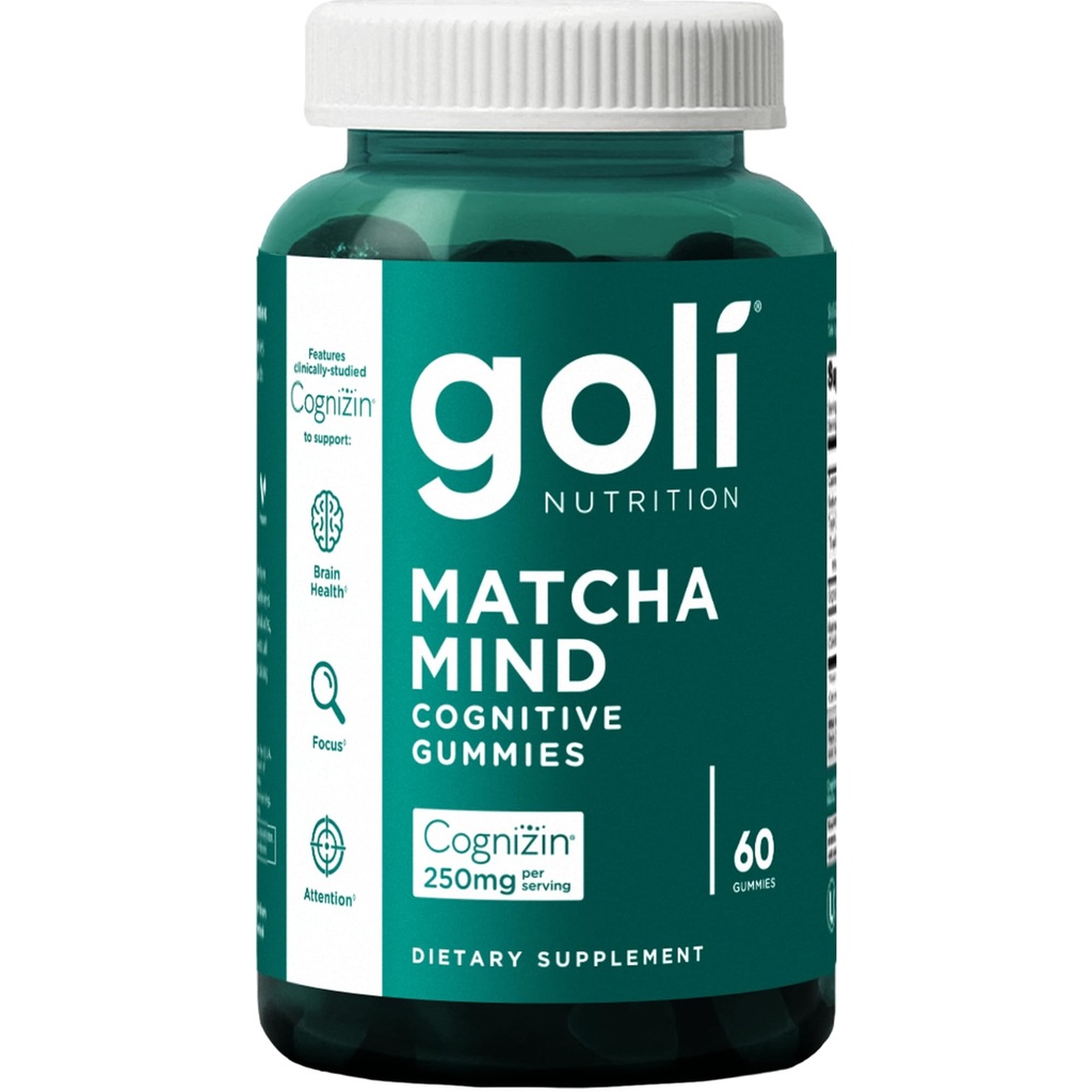 Goli Matcha Mind Gummies - 60 Count - Grüner Tee lässt Pulver mit Cognizin für Fokus, Aufmerksamkeit und Gehirngesundheit, Vegan, Non-GMO, Gluten-Free & Gelatin frei.
