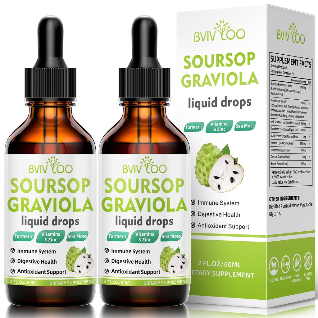 2 packs Graviola gouttes liquides - 2000mg Extrait pur de sourcils mélangé avec 300mg de mousse de mer et 100mg Elderberry - Powerful Cell Support, Antioxydant-Rich, Immune-Boosting - 4 Fl Oz (120ml) bouteille