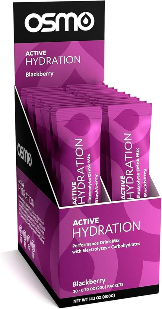Poudre d'électrolyte d'hydratation active Osmo - Comprend le sodium, le magnésium, le potassium, les glucides et les vitamines, tous les ingrédients naturels, l'hydratation plus rapide 3X, stimule la puissance et l'endurance - 20 paquets, BlackBerry