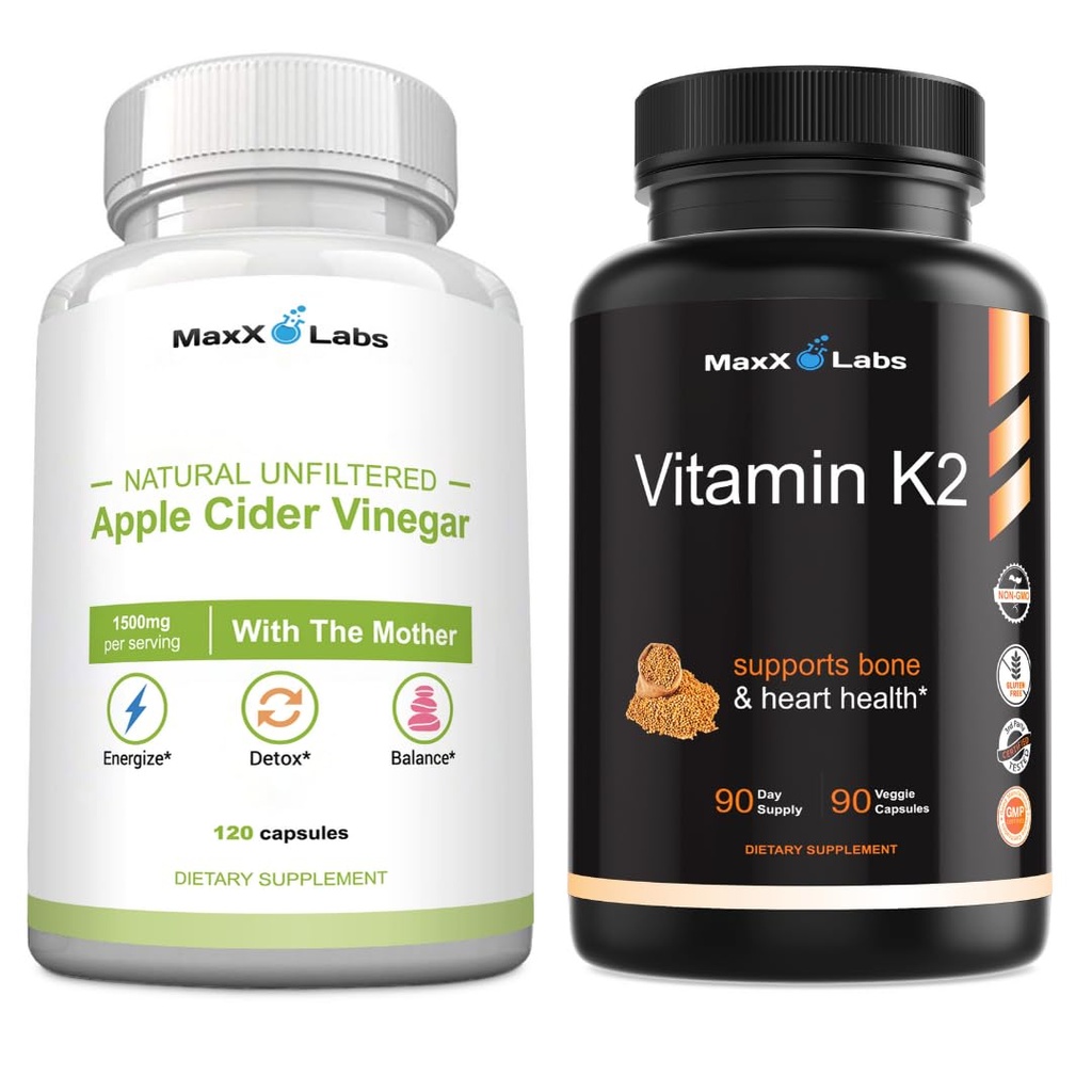 Apple Cider Essig Kapseln mit der Mutter helfen, Energie, Immunität, Verdauung & Stoffwechsel + Vitamin K2 Supplement - Full Spectrum Vitamin K2 MK7, MK4 & Calcium - 90 Kapseln