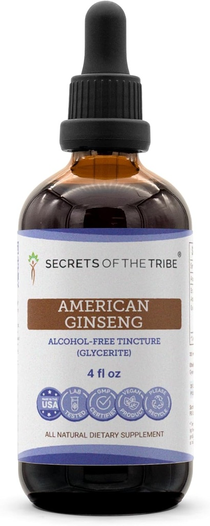 Secrets of the Tribe American Ginseng Tincture Alcohol-Free Liquid Extract, Farm Grown American Ginseng (Panax Quinquefolius) Getrocknete Wurzel (4 FL OZ)