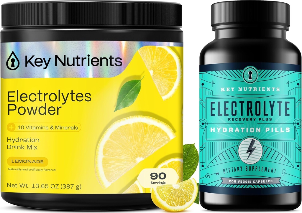KEY NUTRIENTS Hydration Bundle – Multivitamin Elektrolyt-Pulver-Lemonade (90 Portionen) & Elektrolyt-Tabletten (200 Tabletten) – Kein Zucker, keine Kalorien – Natrium & Energie Unterstützung –, Made USA