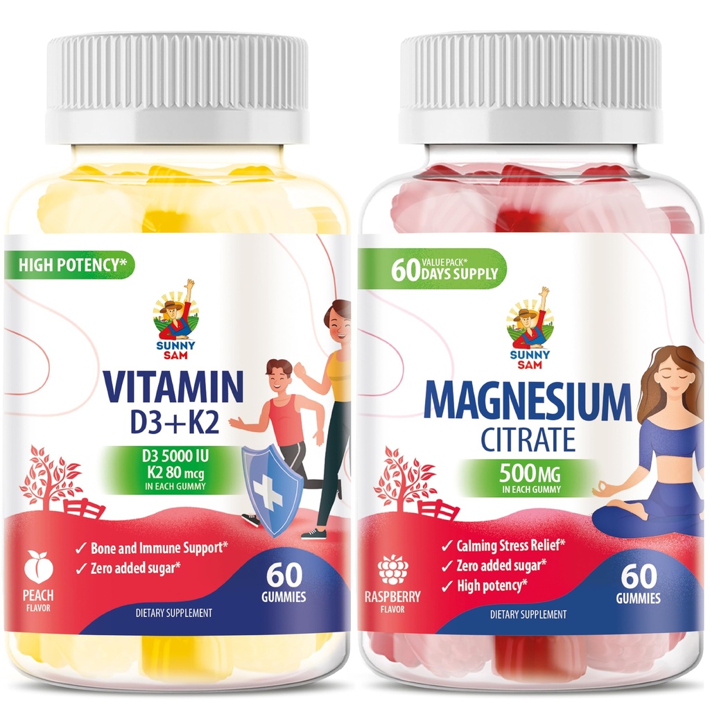 Vitamine D3 K2 Gommies 5000 UI - Immune & Bone Suppor & Magnésium Gommies pour Enfants & Adultes - 500mg