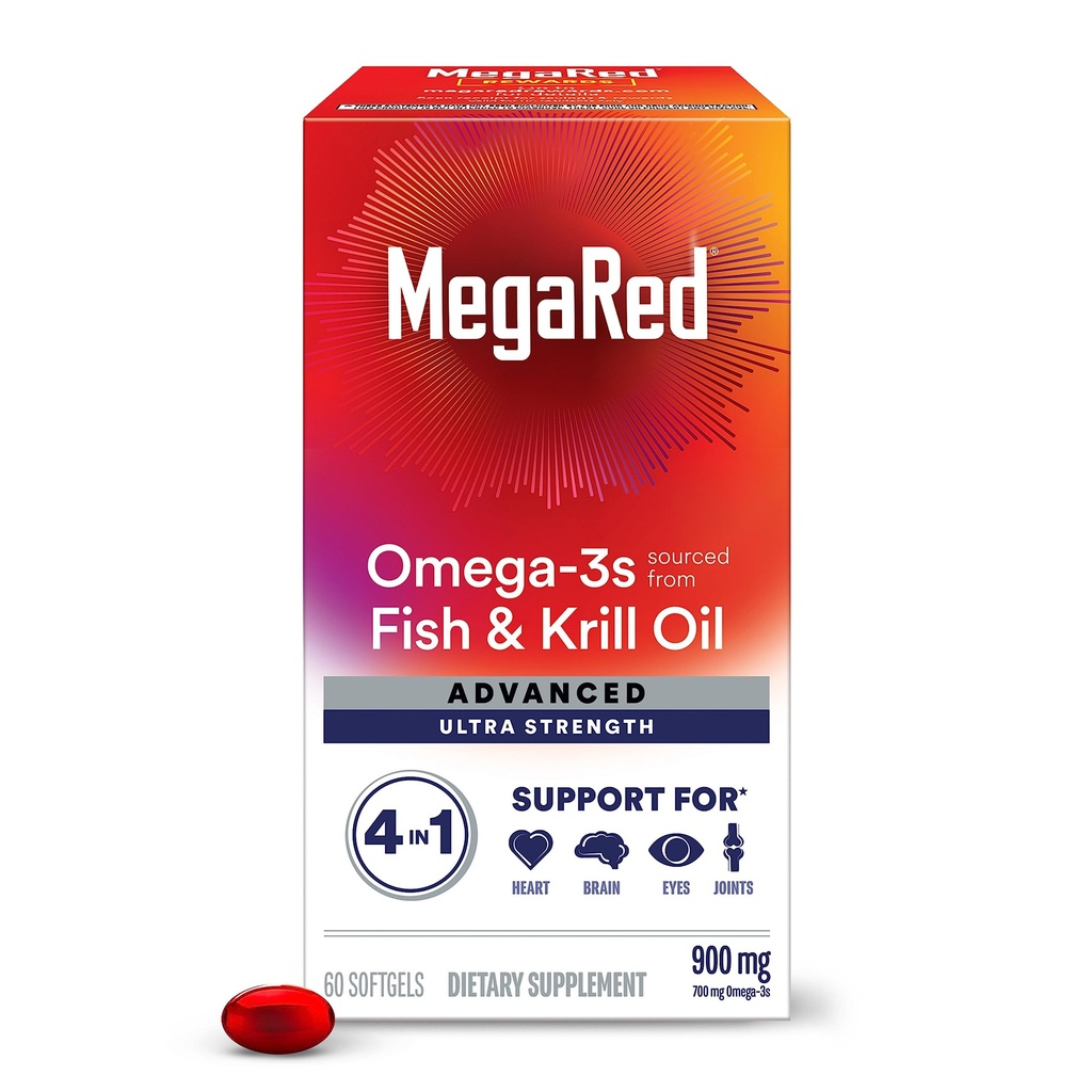 Megared Omega-3 Fish & Krill Öl Supplement 900mg - MegaRed Advanced 4in1, 60 softgels, 2x Mehr Omega-3, Herz, Gelenk, Gehirn und Augenergänzung, Rot, 60 Zähler