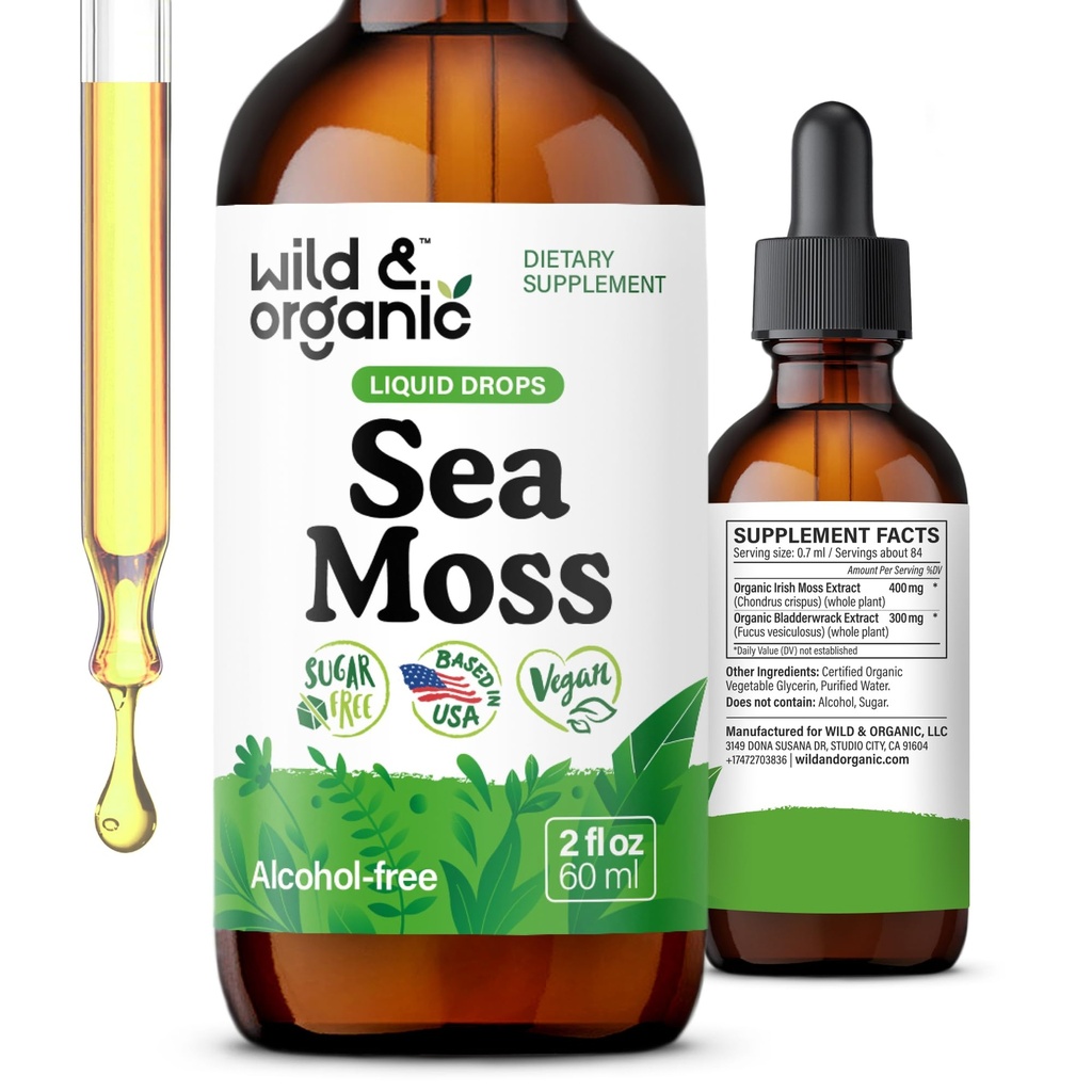 Bouteilles liquides de la mousse de mer sauvage et biologique - Soutien immunitaire - Teinture de la mousse de mer et du bladderwrack d'Irlande - Supplément multiminéral de Crispus Chondrus - végétalien, sans sucre et sans alcool - 2 fl oz