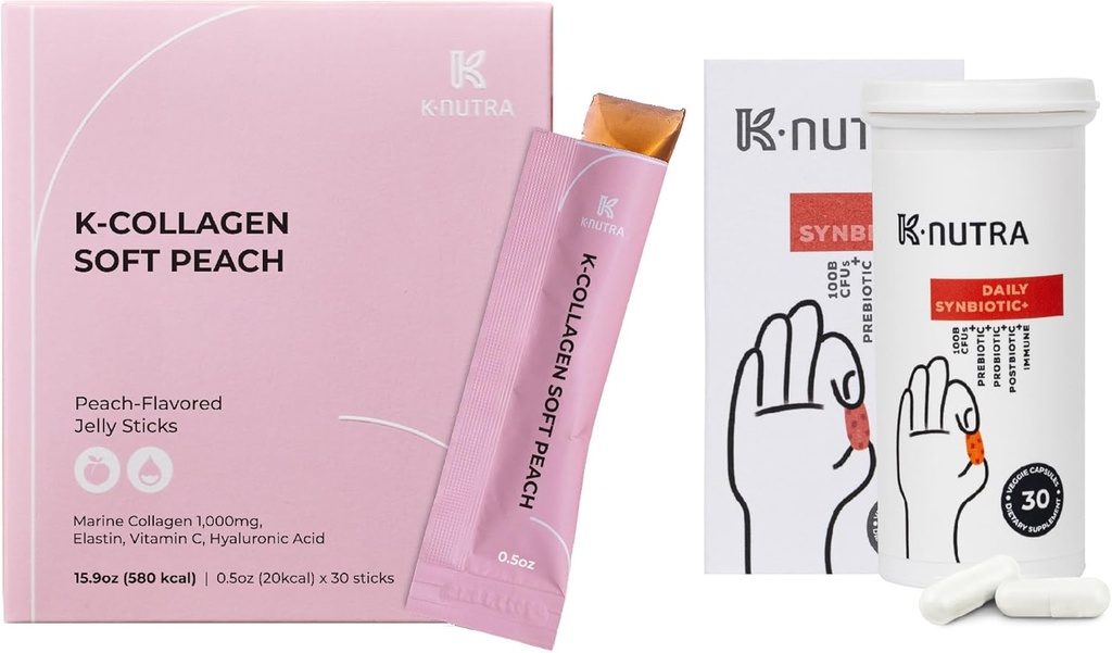 Daily Synbiotic+ (30 capsules) 100B CFU, Kimchi Postbiotic & K-Collagen Soft Peach Collagen Jelly (30 bâtons) - Digestion et santé de la peau