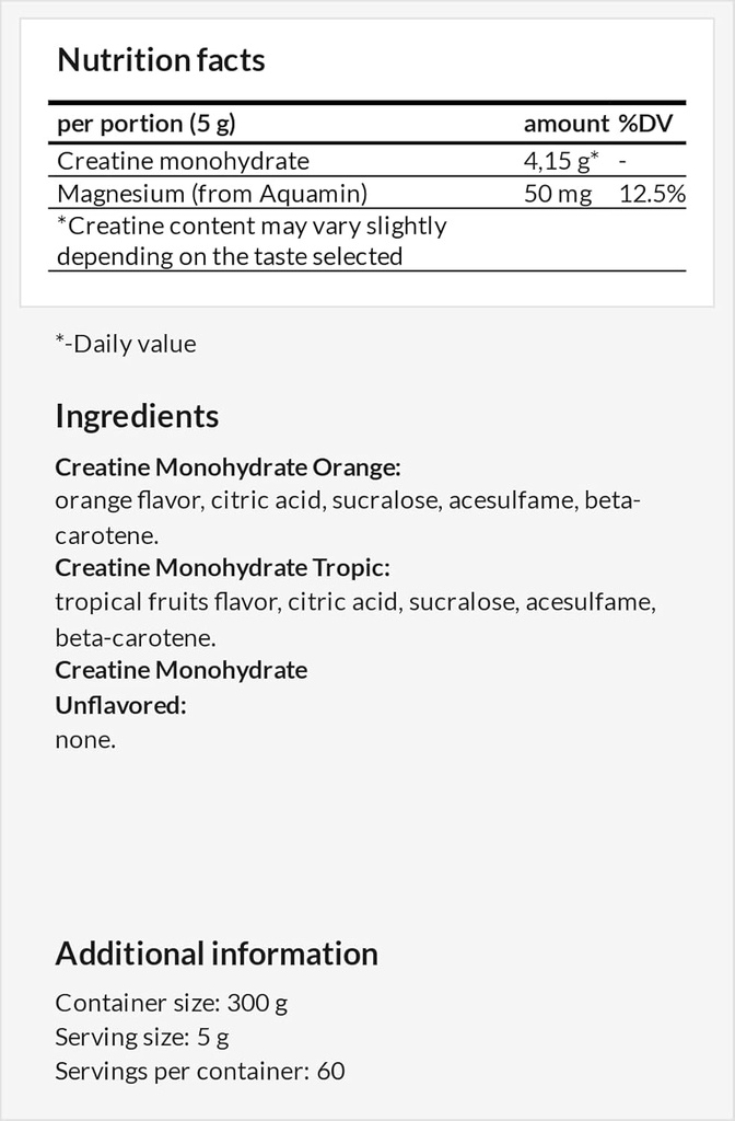Poudre de créatine 300g - Monohydrate de créatine 4150 mg avec du magnésium par portion - 60 portions par emballage - pour un support d'exercice de haute intensité - Saveur de pastèque - par MZ