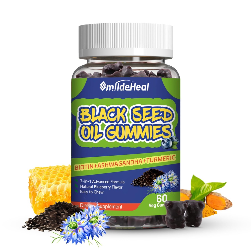 Black Seed Oil Gummi, Bio Black Cumin Seed Oil Gummis, Schwarz Cumin Seed Oil Bio 500mg, Kaubare Schwarz Seed und Honig Gummis, Vegan, 60 Gummies