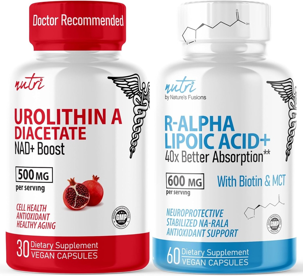 Nature's Fusions Urolithine A Diacétate 500mg & R Alpha acide lipoïque 600mg (60 Capsules) - Antioxydant / groupe énergétique