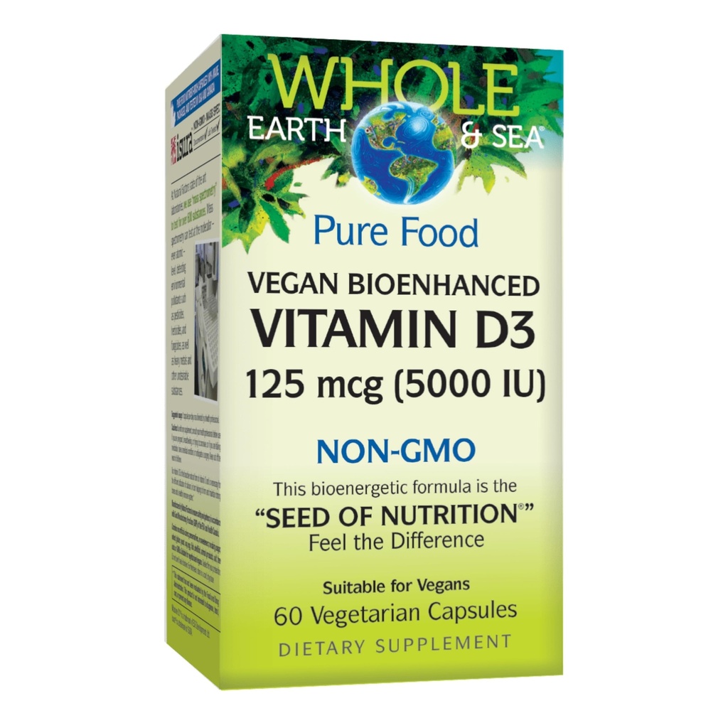 Natürliche Faktoren Ganze Erde und Meer Vitamin D3 125mcg (5.000 IU), Vegan Bioenhanced, 60 vegetarische Kapseln
