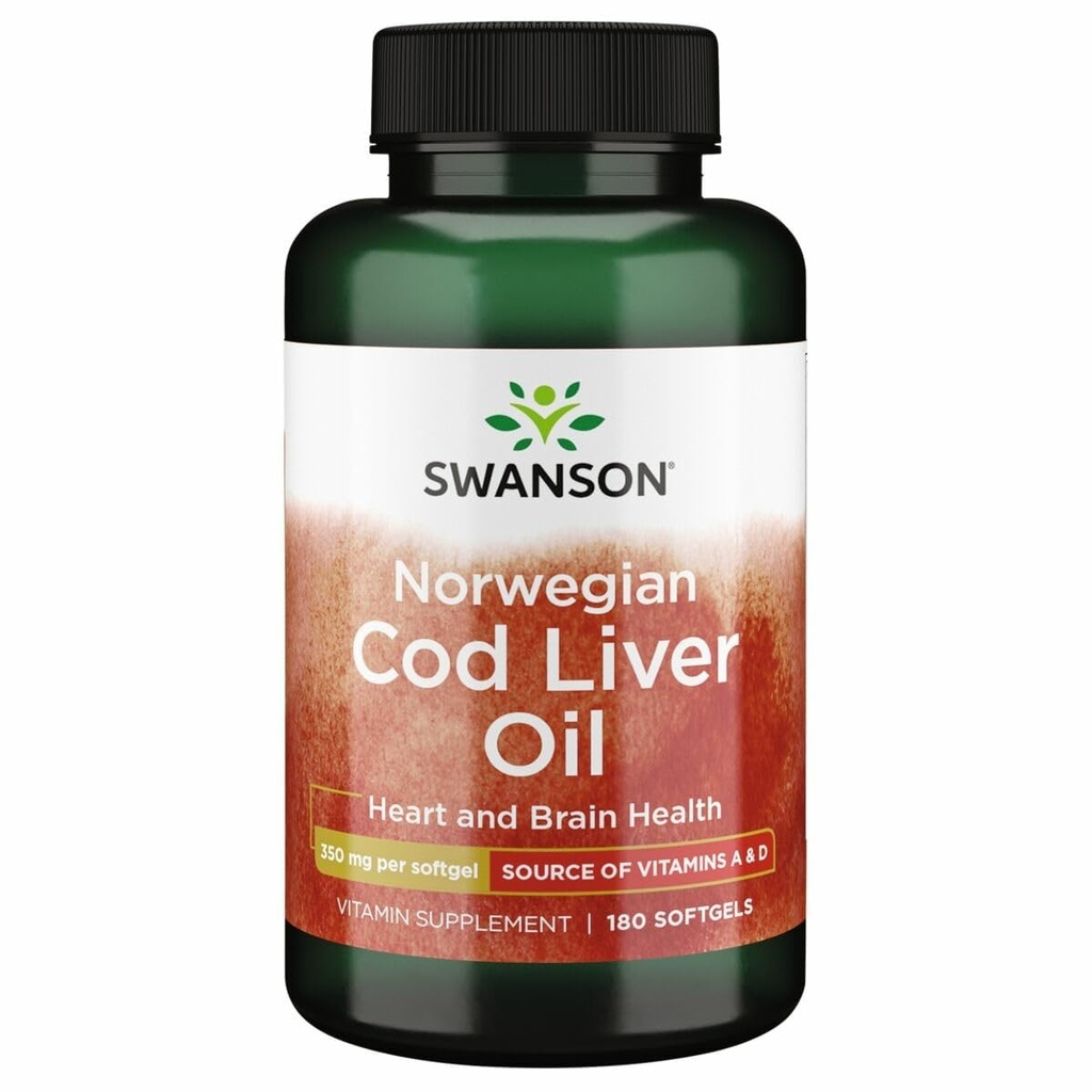 Huile de foie de morue de Swanson - supplément de bien-être Promouvoir les os, la santé de la peau, le soutien de la vision et le système immunitaire Fonction avec/haute absorption Vitamine A - (180 Softgels, 350mg chacun)