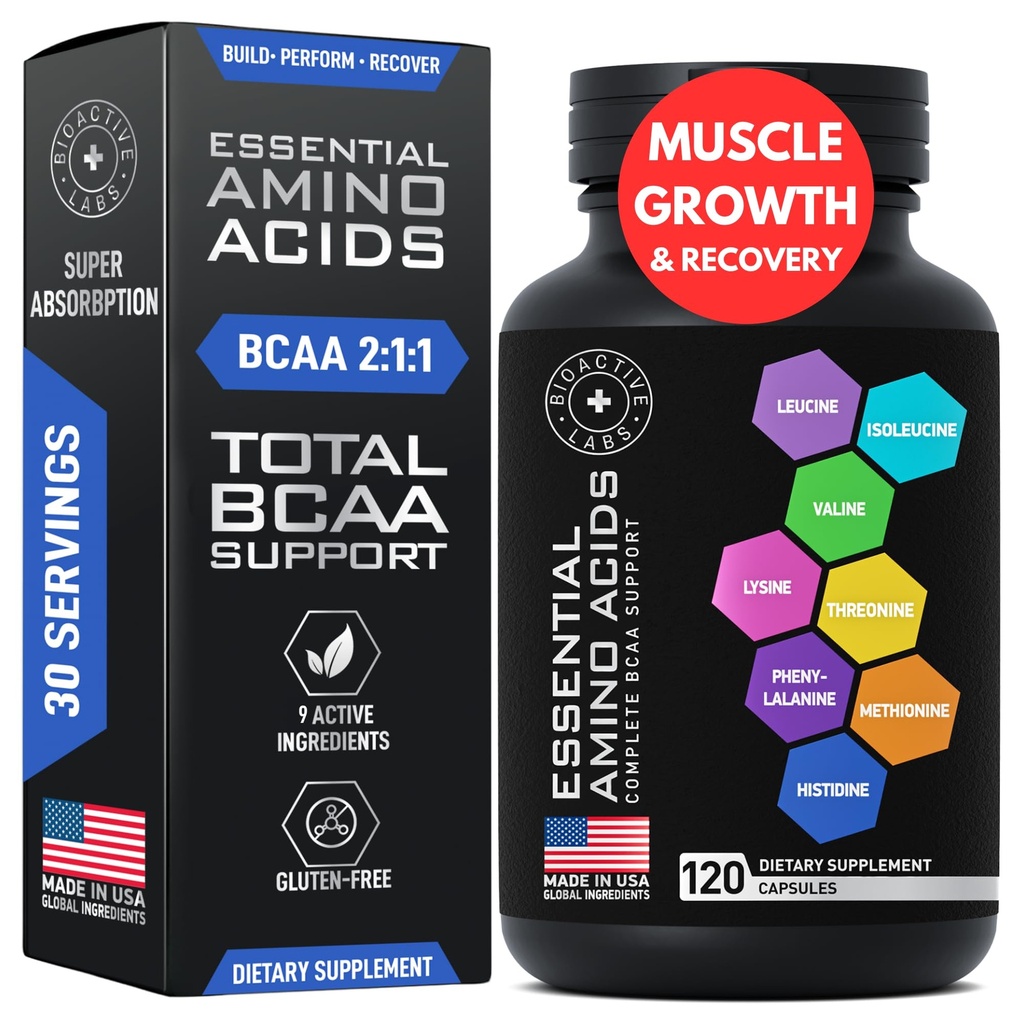 Essential Amino Acids Supplement for Women & Men - Vegan BCAA Amino Acid Complex for Muscle Growth with All 9 BCAAs Essential Aminos - Advanced Workout Power & Recovery Formula - 120 EAA BCAA Pills
