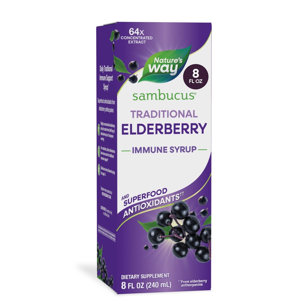 Nature’s Way Sambucus Elderberry Traditionelle Immunsirup, hochkonzentrierter schwarzer Elderberry-Extrakt, traditionelle Immununterstützung*, Delicious Berry Flavored, 8 Fl Oz (Packaging May Vary)