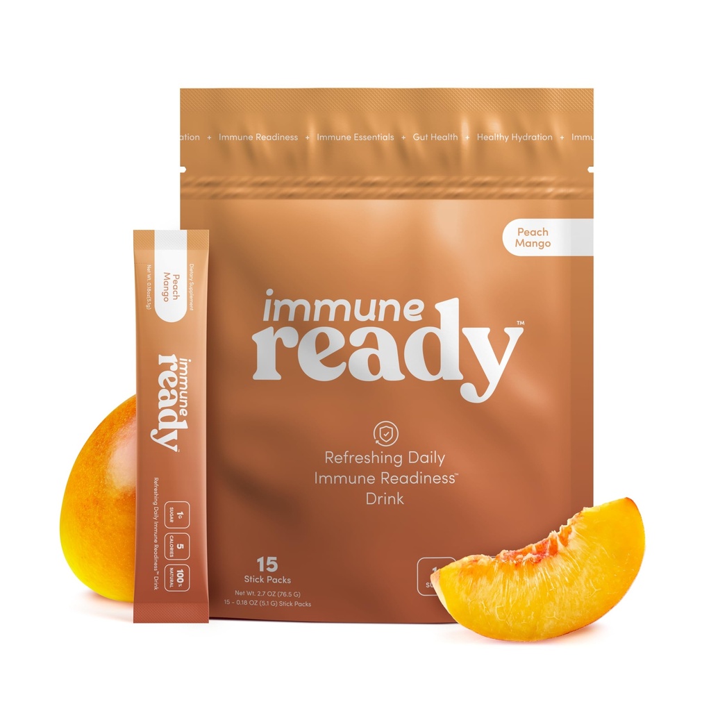 Immune ReadyTM Electrolytes Powder Packets – Immunity Boost Drink Mix avec vitamine C, picolinate de zinc, poudre d'inuline et bêta glucane – pêche sans sucre-Mango, 15 portions