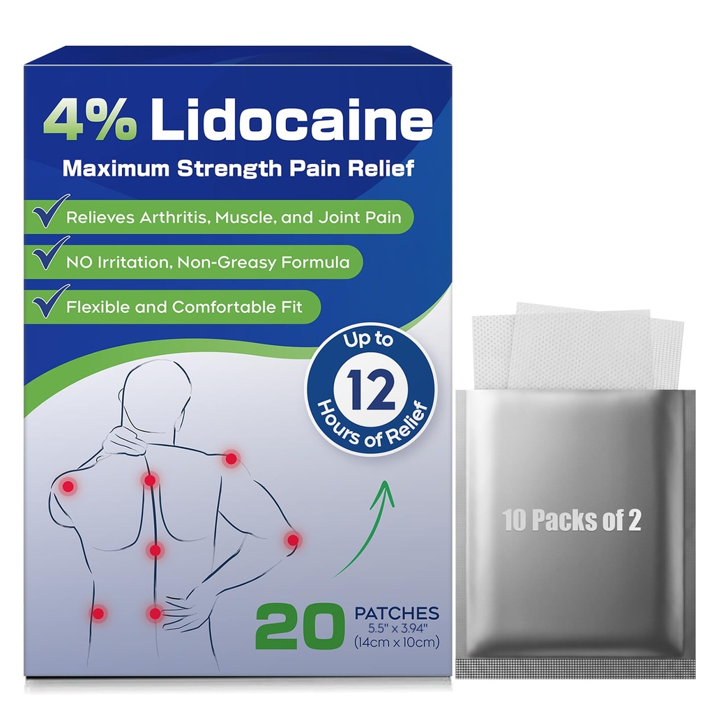 Uposiut 4% Lidocaine Patches, 20 Count Patches Maximale Stärke Lidocaine Patches (20 Patches), für Muskelschmerzen Relief im Hals, Schultern, Rücken, Knie und Anks, 12 Stunden Schmerz Relief-012345